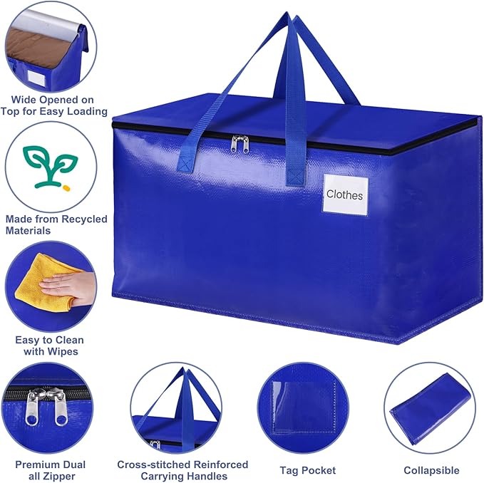 StorageRight Heavy Duty Moving Boxes-Moving Bags with Zipper, Reinforced Handles and Tag Pocket-Collapsible Moving Supplies-Totes for Storage Great for moving, Storage and Travel 93L(Blue-10 Pack)
