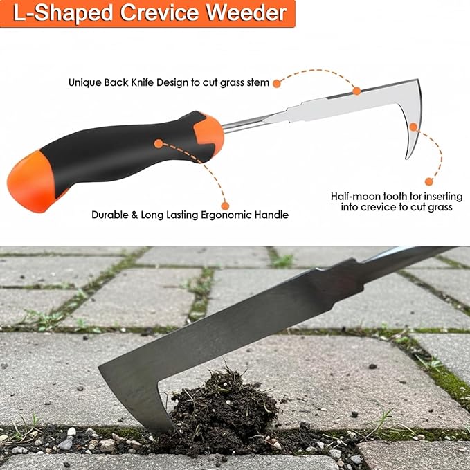 Weed Puller Tool, 3 Pack Hand Weeder Tool, Stainless Steel Dandelion Remover for Lawn Care, 4 Teeth Manual Crack Weeder, L-Shaped Weeding Tool with Ergonomic Handle for Garden, Flower Beds, Patio