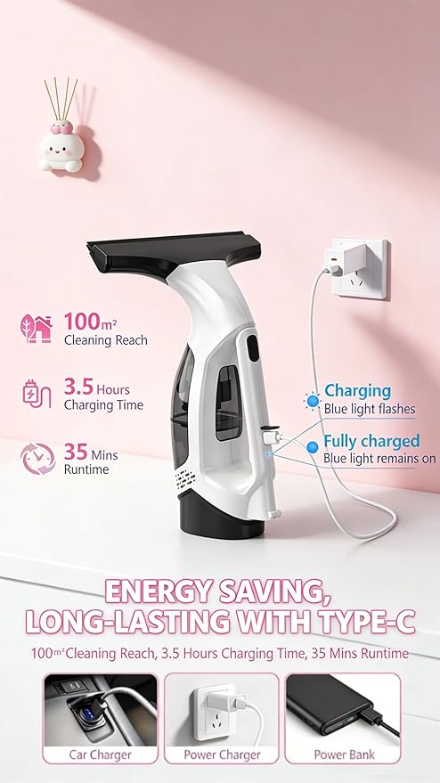Cordless Window Vacuum Squeegee, 2000Pa Electric Window Cleaner with 2200mAh Battery & 150mL Detachable Tank, Multi-Surface Cleaning Kit for Glass, Shower, Car Windows & Household Use