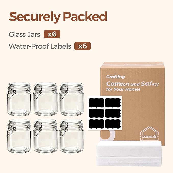 ComSaf 17oz Glass Jars with Airtight Lids 6-Pack, Wide Mouth Wire Clamp Canisters for Sourdough Starter, Fridge Pickling & Pantry Organization, Straight-Sided Farmhouse Apothecary Jars (500ml)