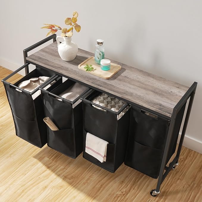 HOOBRO Laundry Sorter 4 Sections, Laundry Hamper with Wheels, 4 × 10.5 Gal (39.8L), Rolling Laundry Basket, Pull-Out and Removable Oxford Fabric Bags, Greige and Black BG04XY01