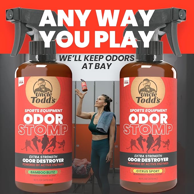 Uncle Todd’s Odor Stomp Sports Equipment Odor Eliminator Spray - Extra Strength Enzyme-Powered Deodorizer for Football, Hockey, Gym Bags, and Athletic Gear - Citrus Sport Scent - 16oz