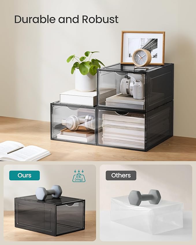 SONGMICS Shoe Boxes, Set of 12, Clear Plastic Shoe Storage, Stackable Sneaker Box, Drop Front Door, Up to US Size 11, Easy Assembly, 13 x 9.8 x 7.1 Inches, Transparent Black ULSP032B12