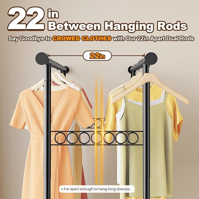 HOKEEPER Clothes Rack Heavy Duty Clothing Rack Load 650 LBS Collapsible Garment Rack with Wheels Double Rod Coat Rack for Hanging Clothes Commercial Closet Rack with Shelves, Black 22" D*75" W*68" H