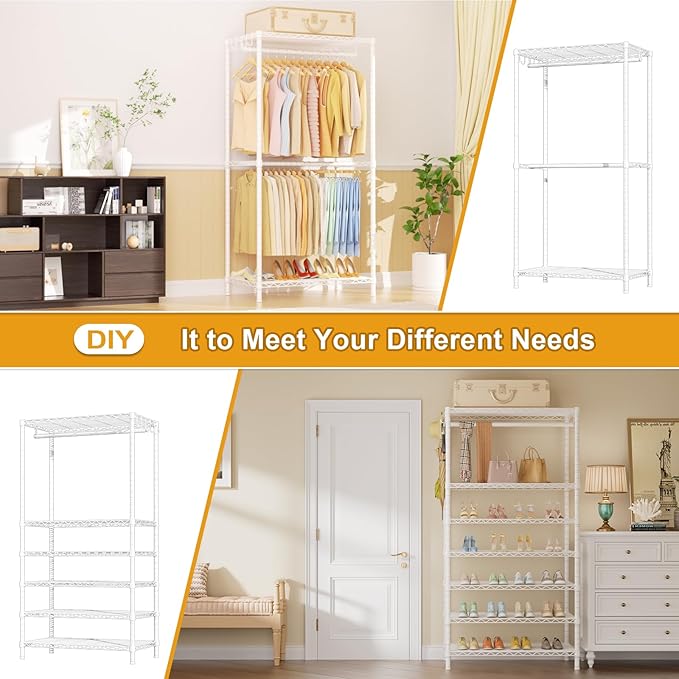 Ulif E13C Pro Heavy Duty Closet Organizer System，Freestanding Clothing Racks for Hanging Clothes，Adjustable Garment Rack 75" W x16 D x77 H Hold 1000lbs，White Rack with White Dustproof Cover