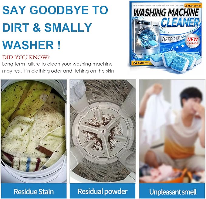 Enzyme Washing Machine Cleaner Tablets (24 Pack) – Protease Deep Clean Laundry Machine Cleaner Descaler for HE, Front Load & Top Load Washer, Removes Odor, Residue & Hard Water Buildup (2-Year Supply)