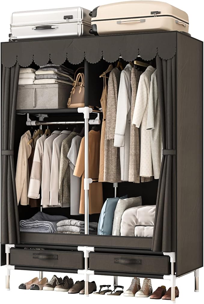 Portable Wardrobe Closet for Bedroom, Small Storage Organizer with 2 Drawers and 2 Hanging Rods, Includes Dust Cover.(Brown, 39.3 in)