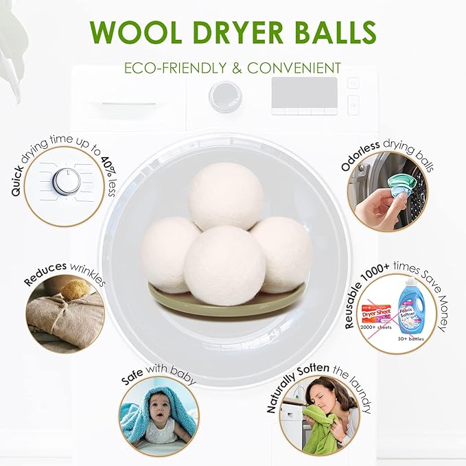 Wool Dryer Balls Organic 4 Pack XL,Laundry Dryer Balls,100% New Zealand Wool Natural Fabric Softener,Reusable 1000 Loads,Shorten Drying Time & Reduces Wrinkles,Baby Safe(4 Pack)