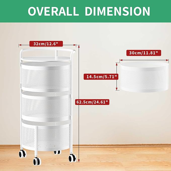 Vegetables Storage Basket, Rotating Storage Shelves Basket Carts Rack Organizer Bin on Rolling Wheels in Kitchen Household for Fruits Grocery Corns Potatos-(3-tier,White)