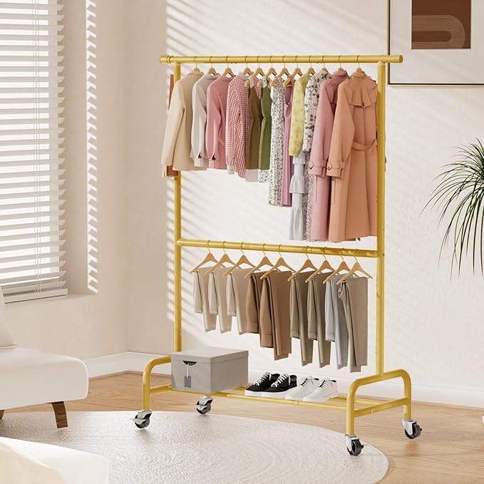 Abiglifty 2 Tier Clothes Rcks for Hanging Clothes, Heavy-Duty Clothing Rack with Wheels,150LBS Capacity, 42" W X15 D X 77" H Garment Rack with Bottom Shelf, for Bedroom, Living Room, Gold