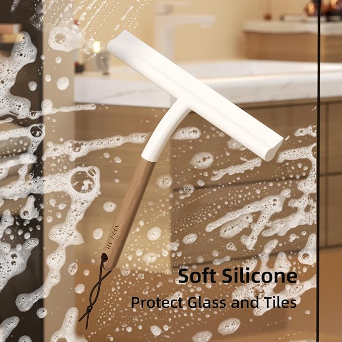 Shower Squeegee for Shower Glass, Bathroom Glass Cleaning Tool with Hook Mount, Squeegee for Glass Doors, Window Cleaning, Tile Shower Walls (White+Wood)