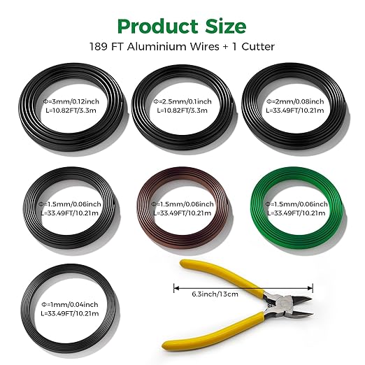 189FT Easy to Bend Bonsai Wire, Aluminum Bonsai Tree Wire in 5 size -1mm,1.5mm,2mm,2.5mm,3mm with Cutter set for Training Thin or Thick Branches
