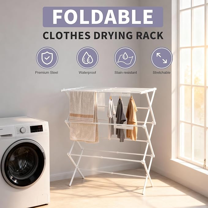 Foldable Clothes Drying Rack, Extendable Laundry Drying Rack, Clothes Airer, Steel Frame, 24-39.2”W x 23.6”D x 40.55 H, Easy Assembly, Indoor Outdoor Use, White