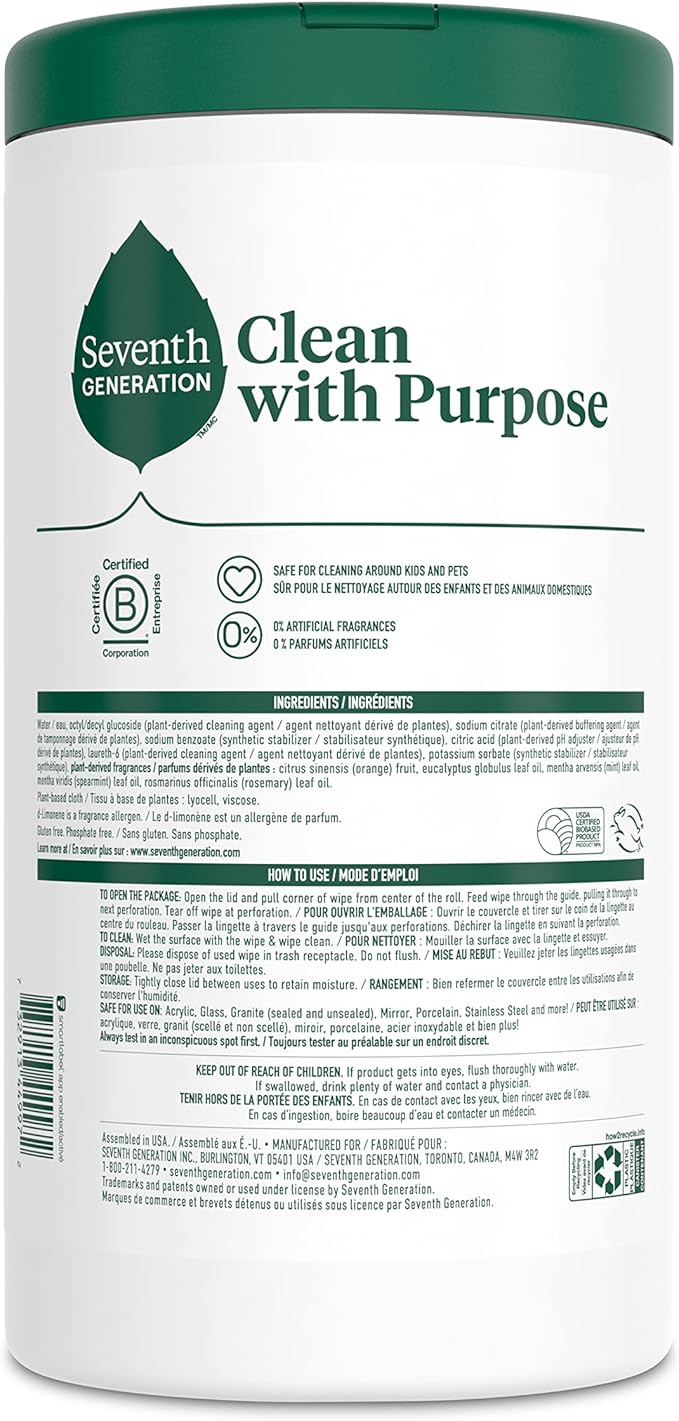 Seventh Generation Multi-Surface Wipes, 70 Count, Pack of 3, Garden Mint, Plant-Based Cleaning Wipes, No Harsh Fumes or Residue, Safe Around Kids