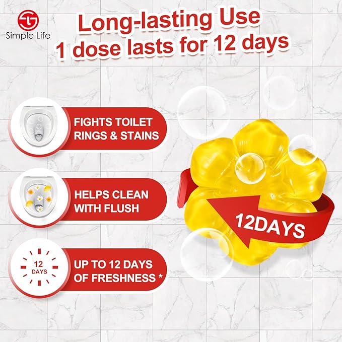 Simple Life Toilet Gel Stamp – Fresh Flower Scent, Anti-Limescale Toilet Cleaner Gel, Deodorizing & Long-Lasting Freshness, 32 Stamps, Blue & Yellow