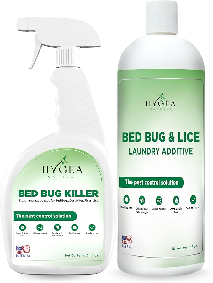 Hygea Natural Bed Bug & Lice Elimination Combo Kit - Includes 24 oz lice & Bed Bug Spray and 32 oz Lice & Bed Bug Laundry Additive - Gentle Formula
