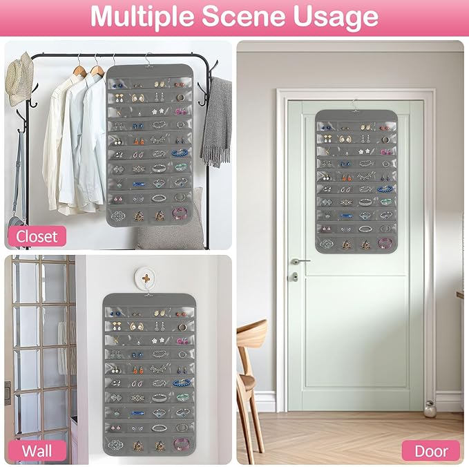 2 Pack Hanging Jewelry Organizer, 80 Clear Pockets earring organizer and storage, Accessories holder organizer for Closet, Jewelries, Necklace, Travel