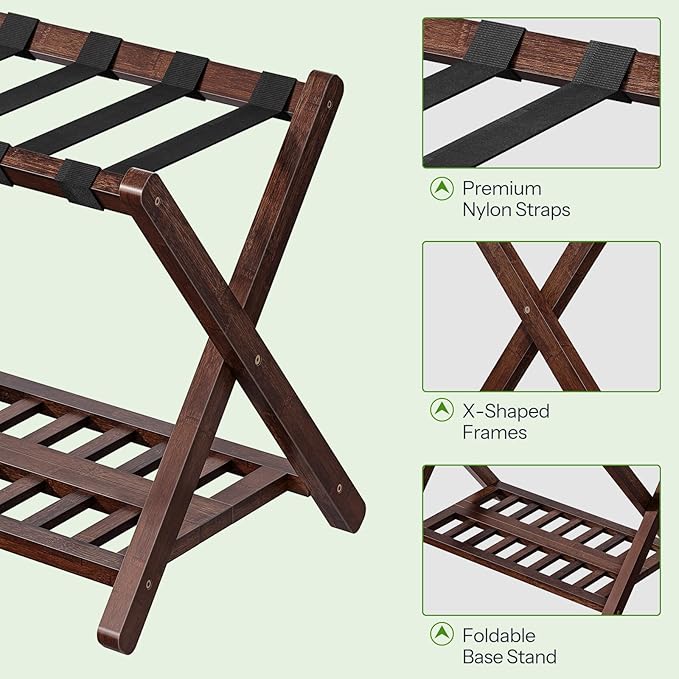 HOOBRO Luggage Rack, Bamboo Suitcase Stand, Folding Luggage Holder, Nylon Strap Support Top, for Guest Room, Hotel, Bedroom, Closet, Dark Brown BR18XL01