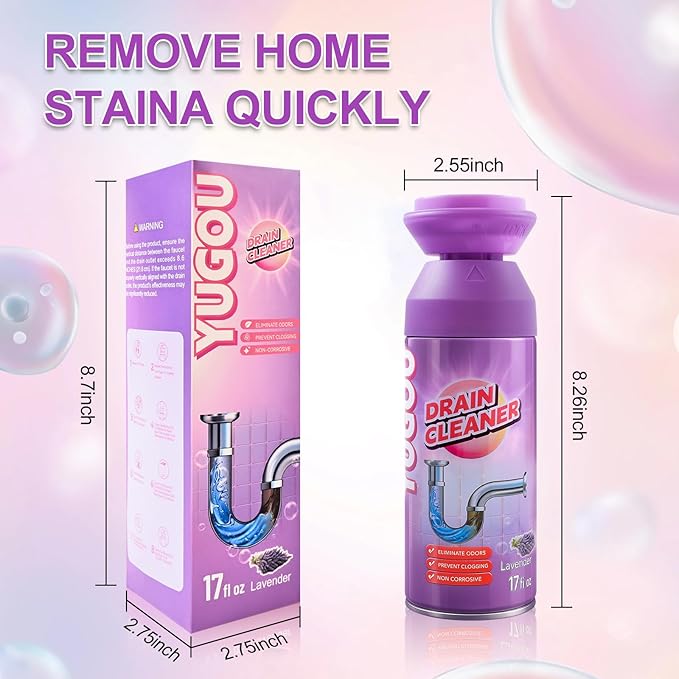 Foaming Drain Cleaner, Sink Drain Cleaner and Deodorizer for Kitchen Sinks, Shower Drains, Tubs (Lavender, 2pcs)