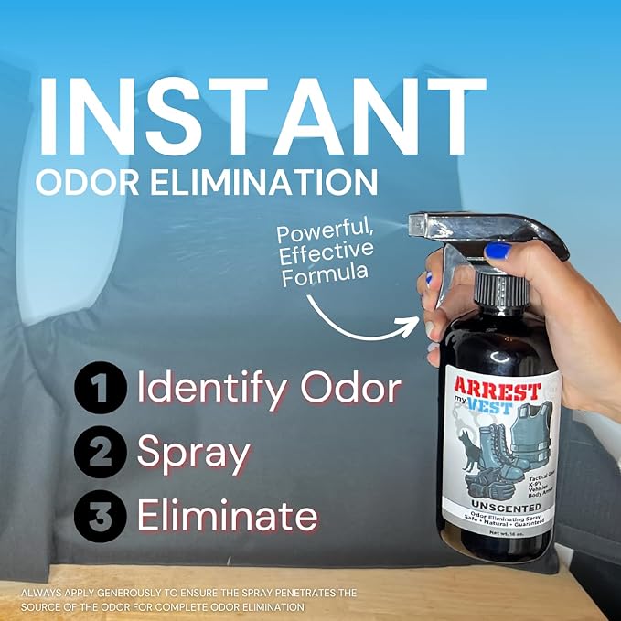 Arrest My Vest Military Grade Odor Eliminating Spray for Body Armor, Tactical Gear, and K9 Equipment. Safe on All Ballistic Vests, Fabrics, & Police Gear 1 Midnight & 1 Unscented 16 oz Bottles