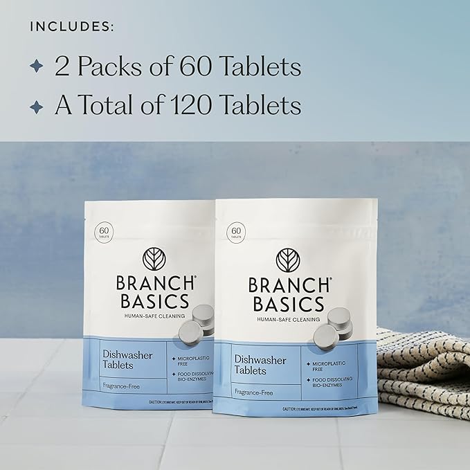 Branch Basics Dishwasher Tablets – 120 Ct | Plastic-Free, Fragrance-Free, Human-Safe | Delivers a Powerful Clean Without Harsh Chemicals (60 Count (Pack of 2))