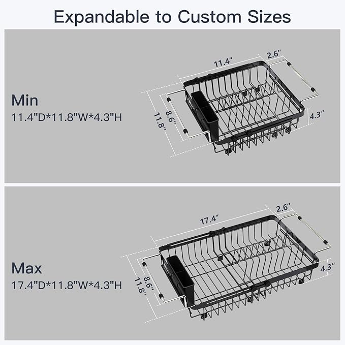 Small Expandable Over The Sink Dish Drying Rack Drainer In Stainless Steel Metal For Kitchen, Counter Space Saving Compact Above Plate Dryer Strainer, Adjustable Hanging Inside Sink Wire Drain Holder