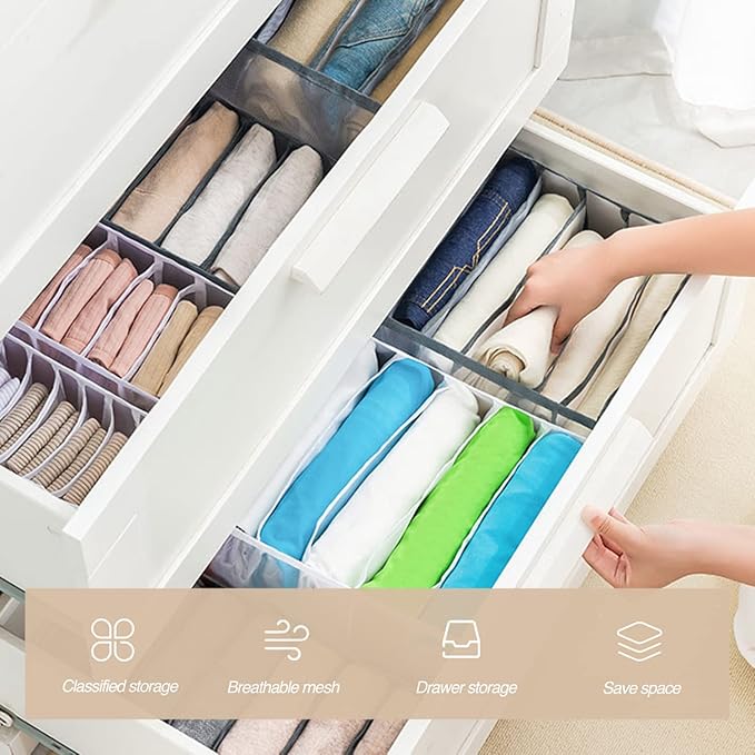 Wardrobe Clothes Organizer 7 Grids Portable Closet Organizer Mesh Separation Storage Box Foldable Closet Drawer Organizer for Underwear Socks Scarves Leggings (Grey, 3 Leggings Grid)