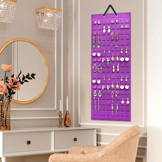 Lolalet Hanging Earring Holder Organizer with 20 Hooks for Women, Earring Organizer Wall Earrings Hanger Pierced Earring Storage, Felt Stud Earring Display, 608 Holes for Earrings - Purple, 1 Pack