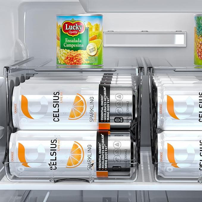 SCAVATA 2 Pack Skinny Can Organizer for Refrigerator, Stackable Tall Skinny Soda Pop Can Holder Dispenser with Lid for Fridge Pantry Rack Freezer, Clear Plastic Storage Bins-Holds 12 Slim Cans Each