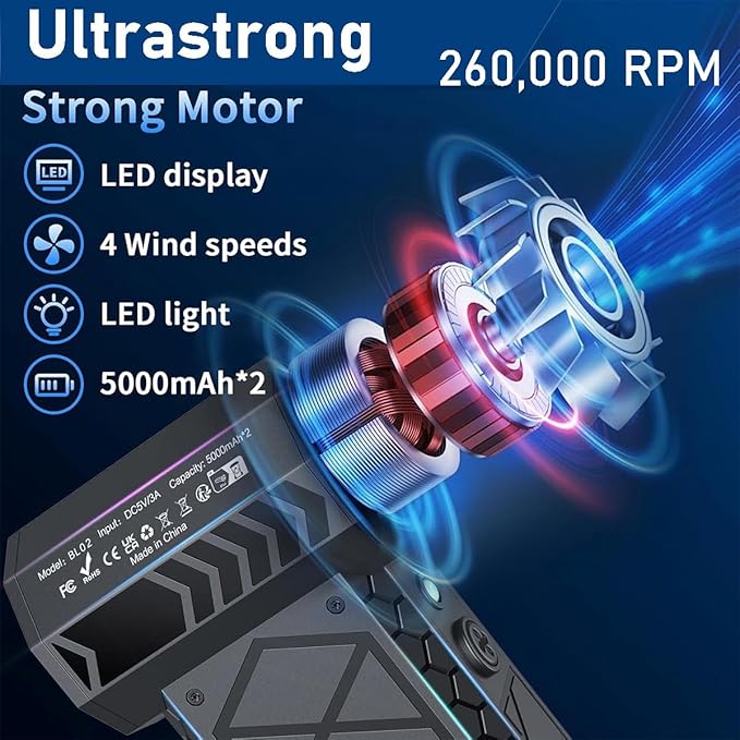 Compressed Air Duster, 260000RPM Powerful Mini Electric Dust Blower, Rechargeable Dust Fan with Fast Charging, 4-Gear Adjustable Air Blower for Computer/House/Outdoor/Car, Gifts for Men