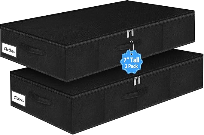 6.7-Inch Tall Under Bed Storage Bin with Zipper, Underbed Storage Container w/Rigid Sides & Bottom, Large Clothes Organizer Box for Bedroom, Dorm, Couch, Dressers, 30x15x6.7 Inches, Black