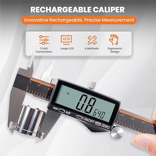 HARDELL Digital Caliper, Rechargeable Calipers with Large LCD Screen, Stainless Steel Caliper Measuring Tool, Auto-Off Micrometer, Inch/MM/Fraction for DIY/Household/3D-printing