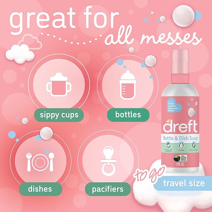 Dreft Bottle and Dish Soap | Made to Clean Baby Bottles, Sippy Cups, Pacifiers, Breast Pumps, & More | Gently Removes Milk Film & Odors | Plant Based, Fragrance Free Dish Soap | 3 Fl Oz (Pack of 2)