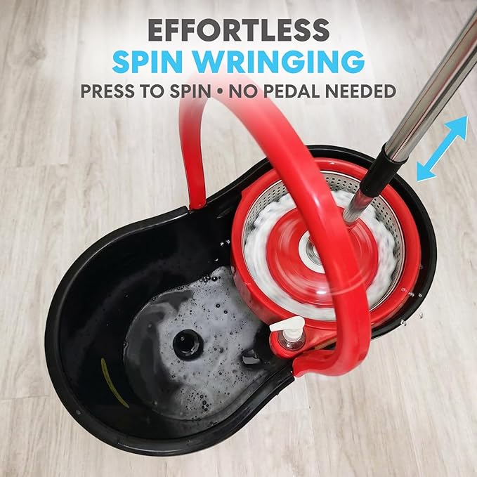 Simpli-Magic 360° Spin Mop and Bucket with Wringer – 3 High-Absorbent Microfiber Washable Heads – Spinning Mop and Bucket Set for All Types Floor Cleaning (Black)