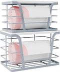 2 Pack Gray Trash Bag Organizer for Kitchen and Pantry, Upgraded Stackable Metal Garbage Bag Holder with Bamboo Top, Modern Under Sink Storage Dispenser for Laundry Room, Garage