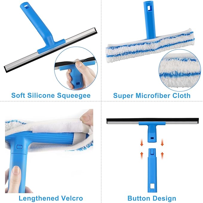 Window Cleaner with Long Handle(57IN), Glass Cleaning Tools with Silicone Squeegee & Microfiber Scrubber, Window Cleaning Kit for Shower Glass Mirror Door Car