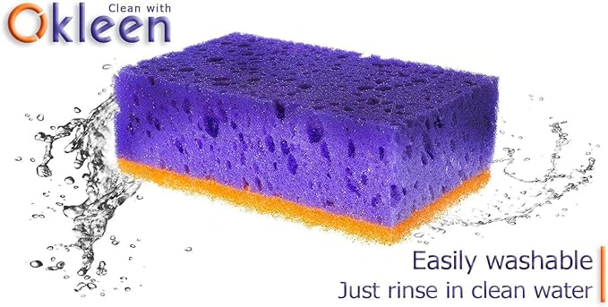 Purple and Orange Multi Use Scrub Sponges. Made in Europe. 18 Pack, 4.3x2.8x1.4 inches. Heavy Duty & Non Scratch Fiber. Odorless, Durable, Delicate, Rinse Clean Violet Scrubber