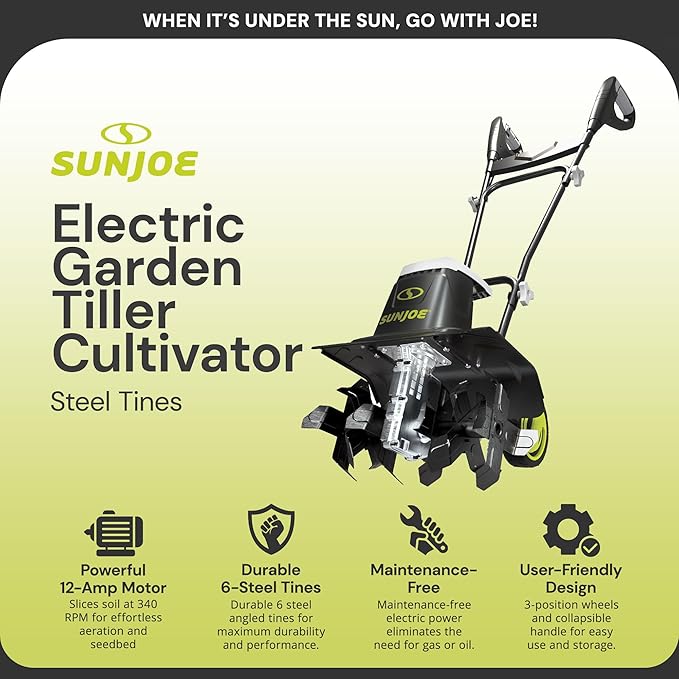Sun Joe Corded Electric Garden Tiller & Cultivator with Steel Tines, 16 Inch, 12-Amp Motor - Heavy-Duty Tilling Machine for Lawn, Yard, and Gardening Care, TJ603E