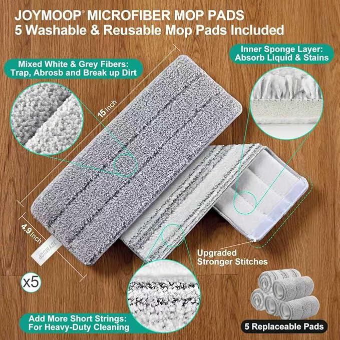 JOYMOOP Mop and Bucket Set (Beige & Blush Brown) with Extension Handle, Ideal for Floor, Window, and Wall Cleaning - Includes 5 Washable Microfiber Pads for Wet and Dry Use