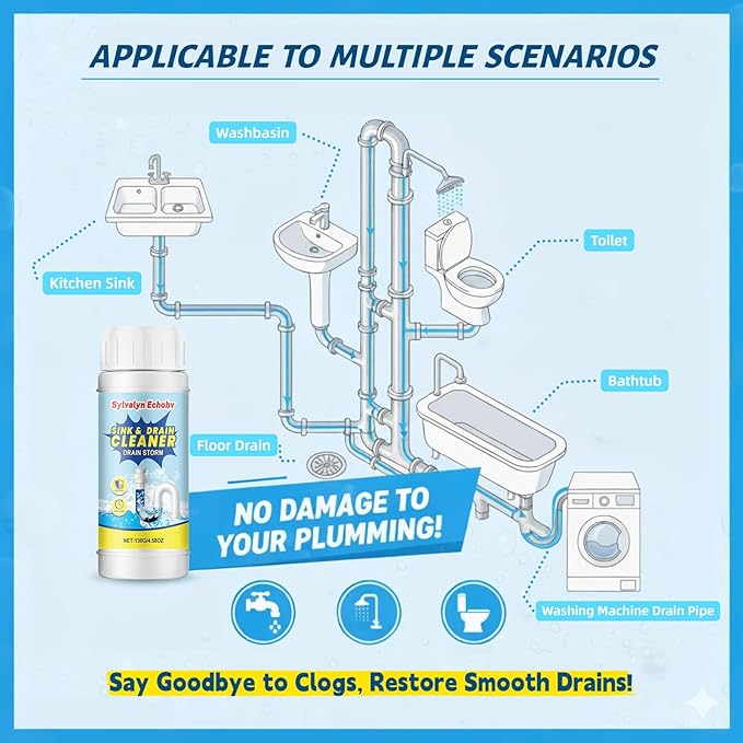 Sink & Drain Cleaner Powder, Fast Foaming for Kitchen, Bathroom,Toilet Pipes - Removes Grease, Hair & Food Waste - 130g (1)
