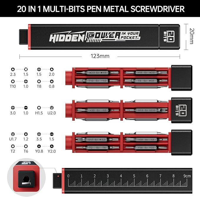 JAKEMY 20 in 1 Metal Precision Screwdriver Set, 10 Pcs Reinforced S2 Steel Precision Double-head Bits, Manual Pen Shaped Screwdriver Kit, Portable Screwdriver Repair Tool Kit