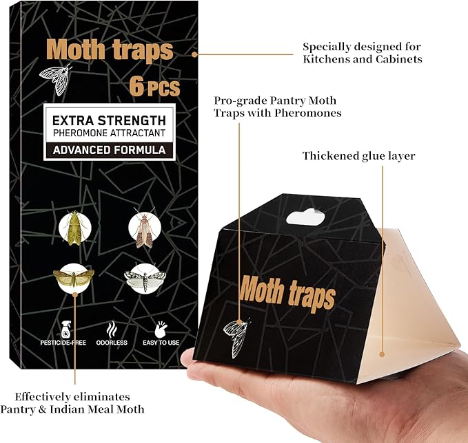 PIMAG Upgraded Moth Traps, Double Potent Pantry & Clothes Traps with Pheromones Prime, No Toxic & Odorless Meal Moth Trap, Organic Sticky Moths Balls Repellent with Lure for Closet, Kitchens-6Pack