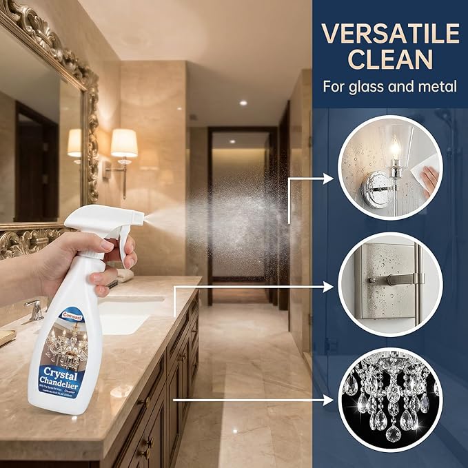 Crystal Chandelier Cleaner Spray, No-Wipe Drip Dry, Easy-to-Use Streak-Free Shine, Safe for Crystal Glass & Metal Fixtures, Ideal for High Ceiling Lighting (16.91 oz)