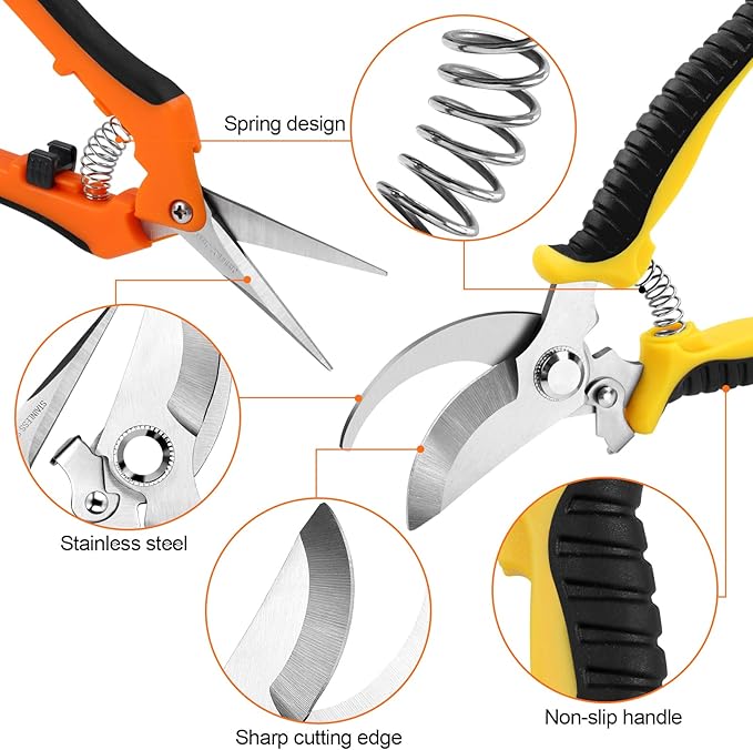 Oligei 2 Pack Stainless Steel Pruning Shears, Garden Shears, Garden Clippers, Gardening Tools Scissors with Soft Grip Handle