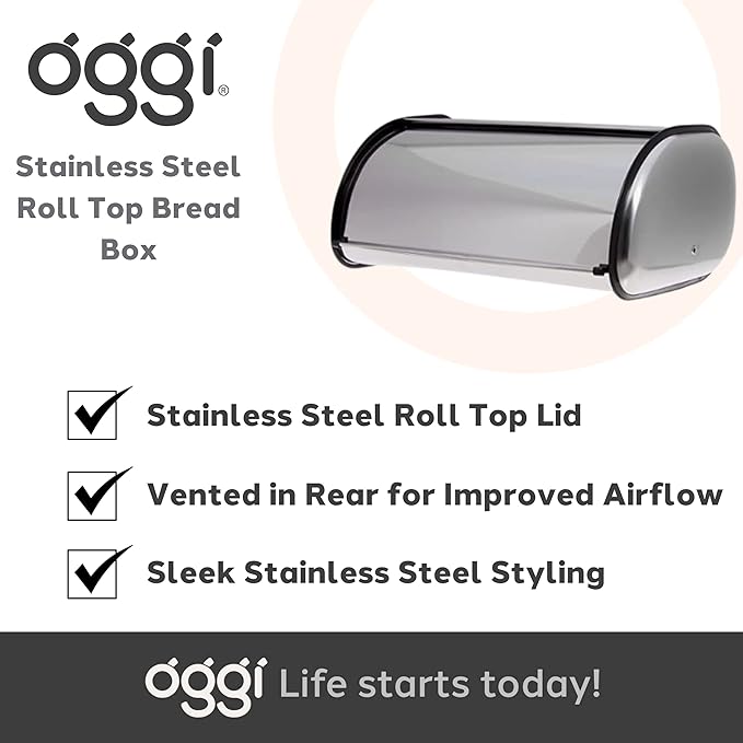 Oggi Stainless Steel Roll Top Bread Box for Kitchen Countertop with Stainless Steel Lid - Fits Multiple Large Loaves of Bread and Other Freshly Baked Goods Including Cookies, Bagels, Muffins