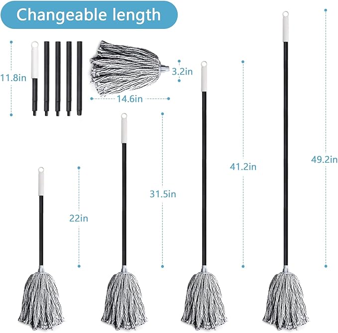 Indoor Mop for Floor Cleaning - Cotton Mops for Floor Cleaning, Regular Mop for Floors, 52-inch Simple Mops for Cleaning Living Rooms, Bathrooms, and Kitchens. (White&Grey)
