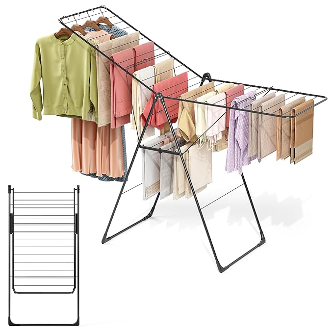 APEXCHASER Clothes Drying Rack, Foldable Oversized Drying Rack Clothing with L-Shaped Foot Cover, Height-Adjustable, Multi-Bar Laundry Rack, Indoor Outdoor Use, 20.4" D x 70" W x 42.52" H, Jet Black