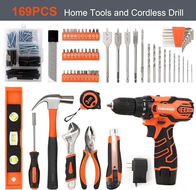 COMOWARE 12V Cordless Drill Set, 169Pcs Hand Tool Set with Cordless Drill Driver, Complete Repair Tool Kit for Men, Storage Bag, Ideal for Office, Garden, Dorm and DIY Project