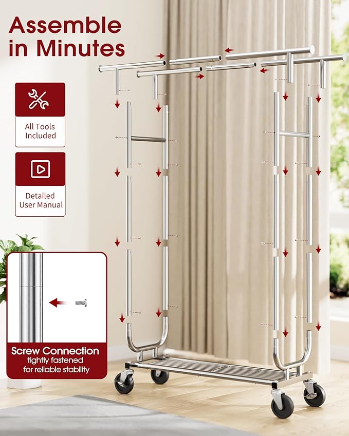 Sakugi Heavy Duty Stainless Steel Rolling Clothes Rack with Mesh Shelf, Lockable Wheels & Anti-Slip Stoppers, Large Capacity Clothing Organizer for Bedroom, Laundry Room, 43.5" x 16.5" x 65.9", Silver