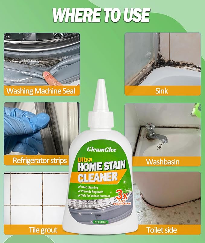 GleamGlee Home Remover Gel, 8 Fl.Oz Powerful Washing Machine Gasket Cleaner, Heavy Duty Stain Cleaner for Front Loader Washing Machine Seal, Bathroom Shower, Grout, Bathtub, Tile & Silicone Surfaces